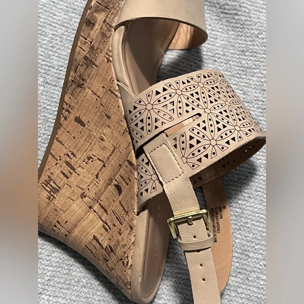 Maurices beige platform cork wedge sandals with laser-cut straps